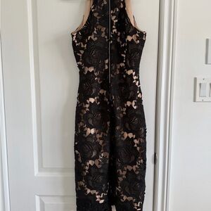 Black Floral Lace Midi Dress with Nude Lining